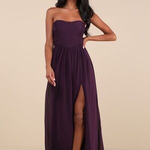 Lulus Luxe Favorite Dark Purple Strapless Ruched Maxi Dress - Size M